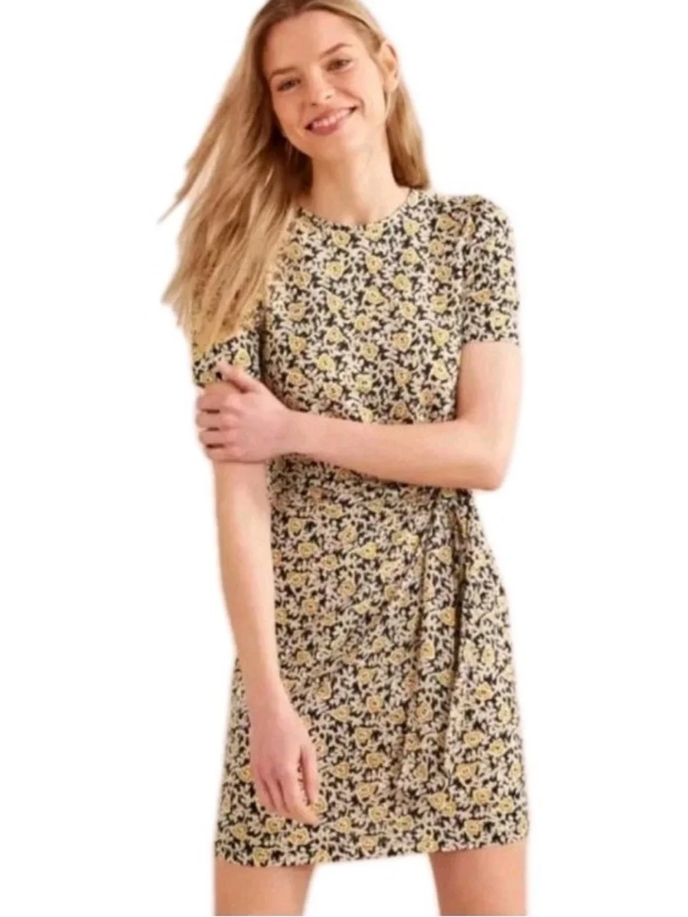 Boden Knot Front Floral Print Jersey Dress, Black/Clover Swirl size 6 R